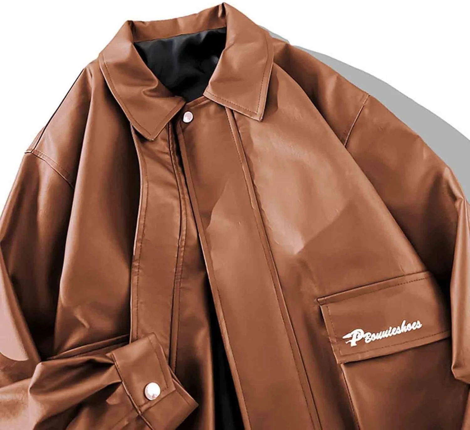 Мужская кожаная куртка Faux Bomber ветрозащитная теплая Punk мотоциклетное пальто с лацканами на молнии и пуговицами карман Biker Coat Generic, кофейный — фото 4