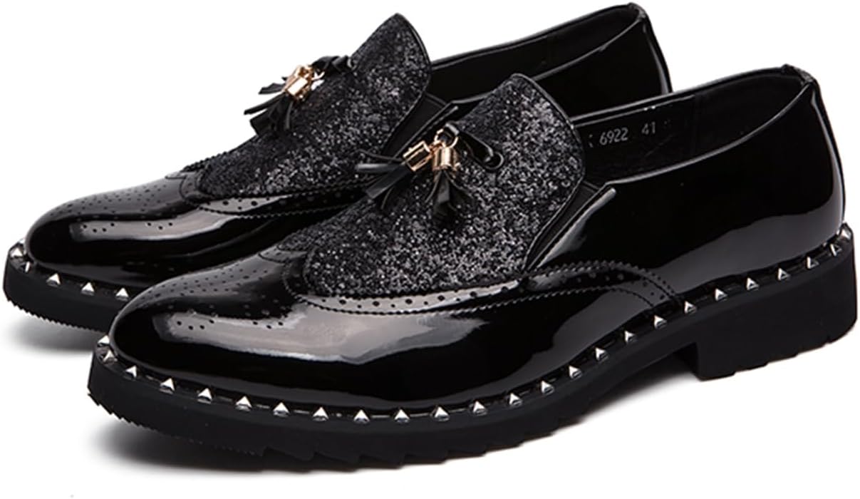 

Мужские слипоны из лакированной кожи с пайетками, двухцветные оксфорды с заклепками, крыльчатые броги с блеском, роскошные лоферы с кисточками для вечеринок, ночных клубов, выступлений и общения Zzyyzzyy, черный