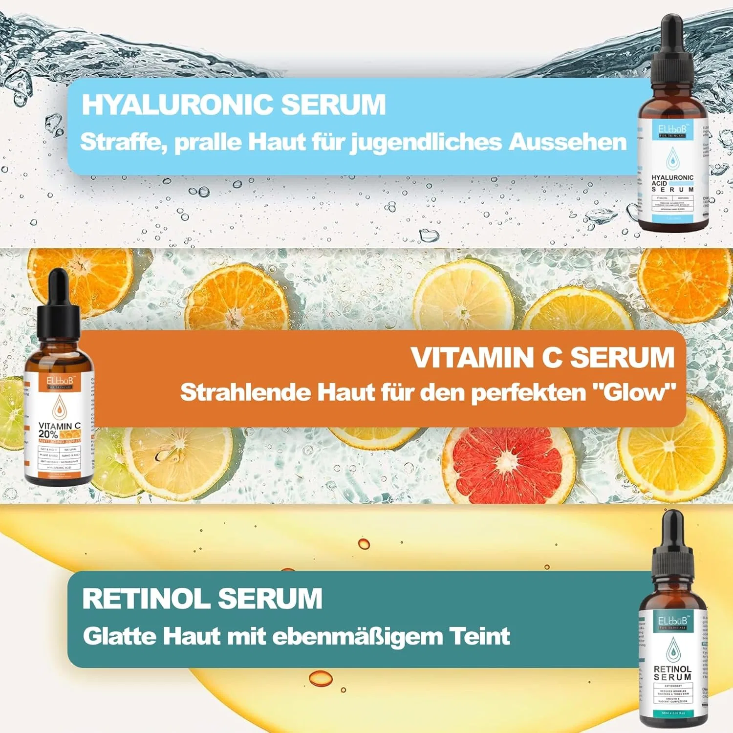 Набор антивозрастных сывороток для лица (3 x 60 мл) от P-Beauty P-Beauty Cosmetic Accessories, Set Vitamin C, Hyaluron, Retinol — фото 2