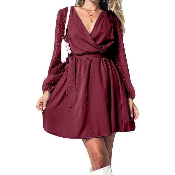 

Женское мини-платье с v-образным вырезом, длинными рукавами в горошек и поясом Anna-Kaci, Burgundy