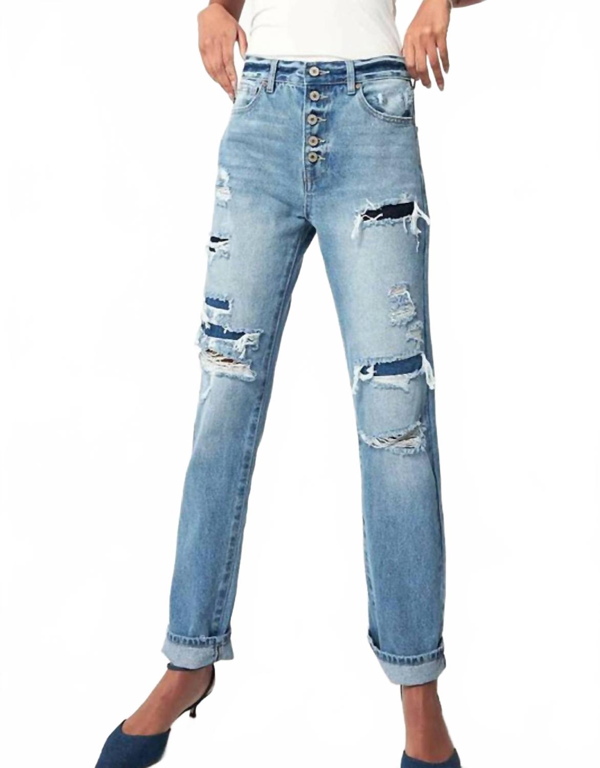 

Высокие зауженные джинсы бойфренды в синем цвете KanCan