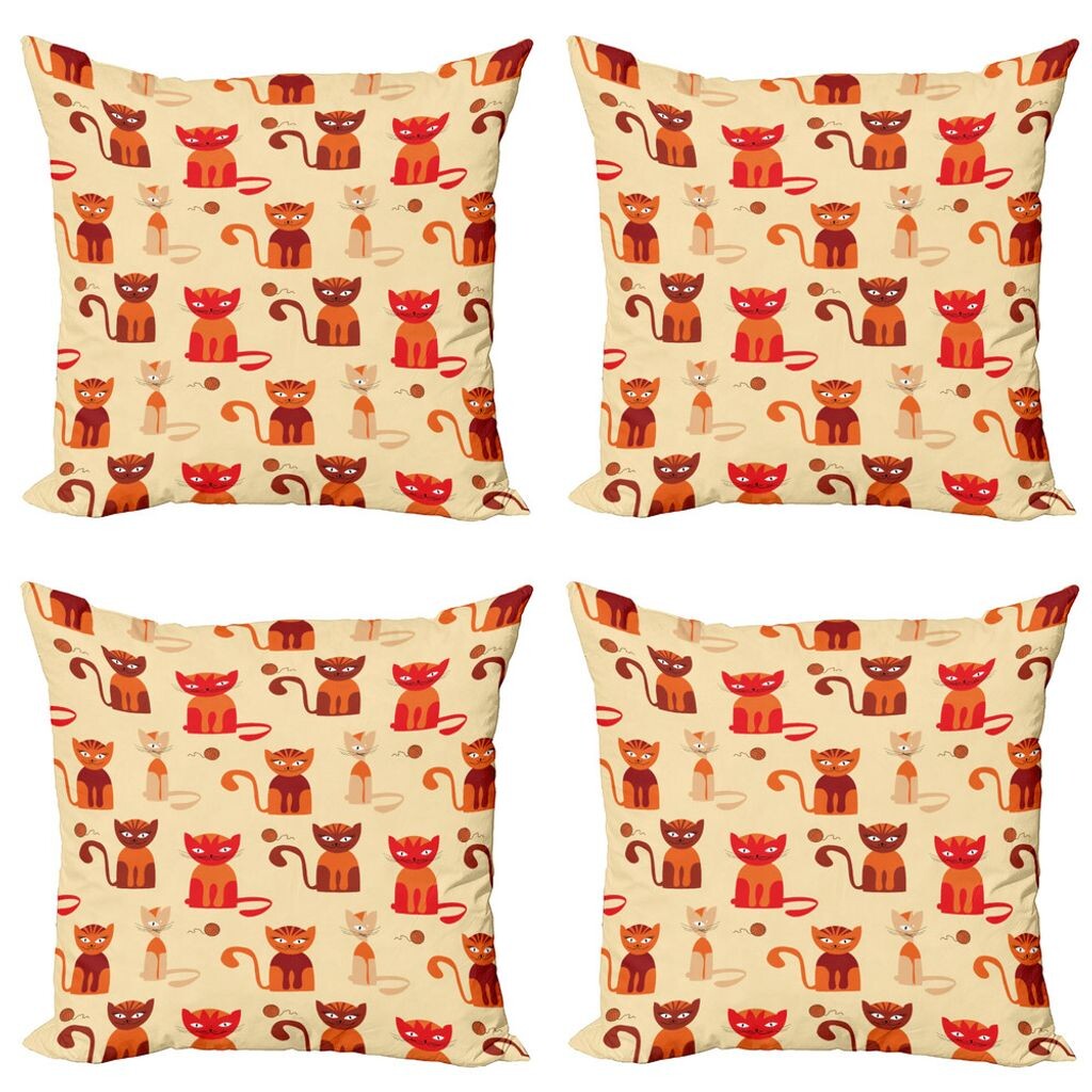 

ABAKUHAUS Комплект чехлов для подушек Kitten (4 шт.), кошки перцово-оранжевого тона, современный двусторонний цифровой принт, 40 см x 40 см, бежевый многоцветный