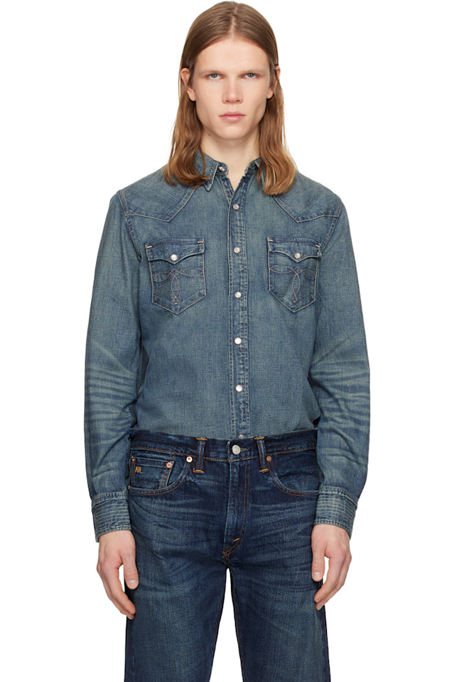 

Rrl Синяя узкая джинсовая рубашка в стиле вестерн