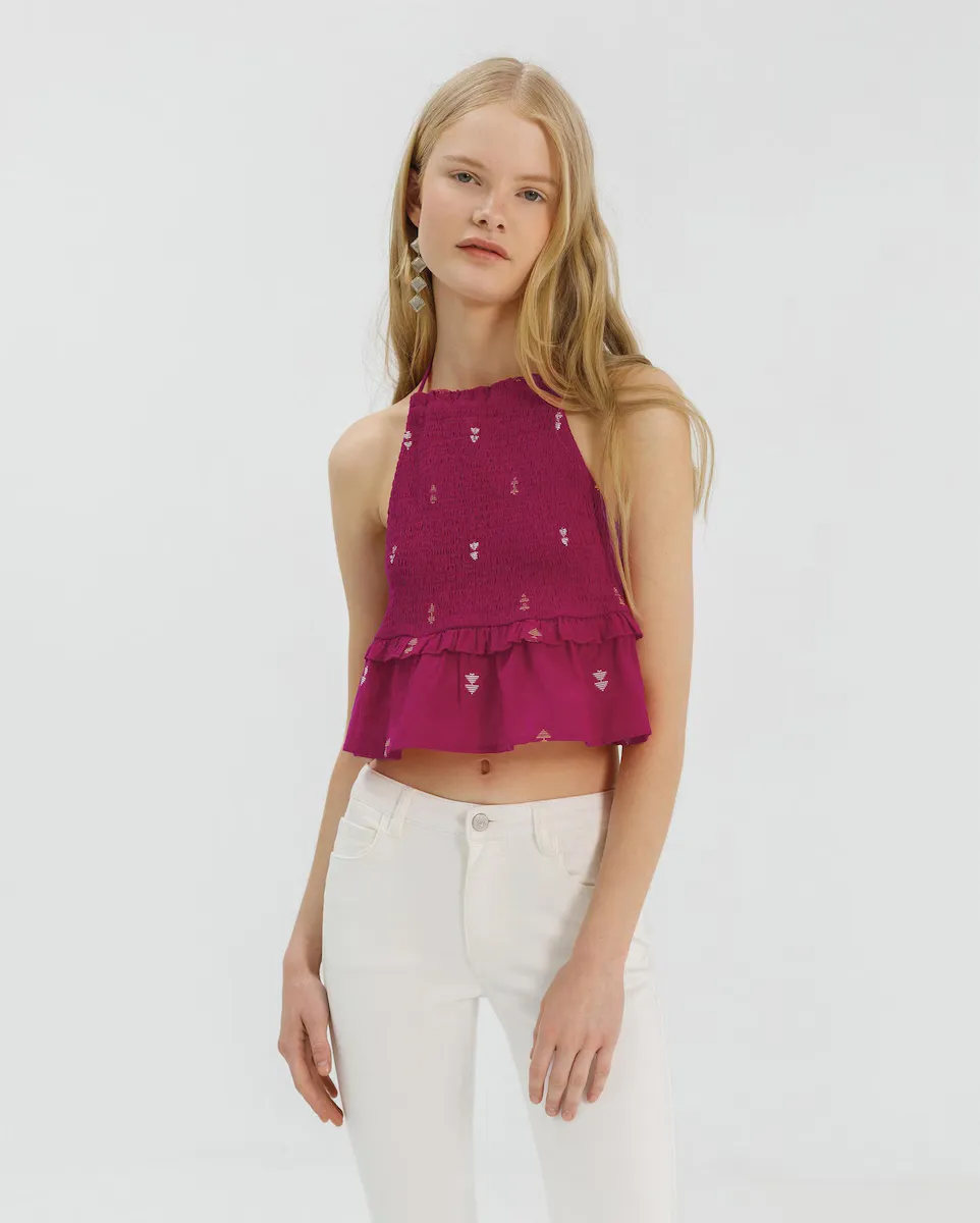 

Женский топ с рюшами и вышивкой Noon, розовый