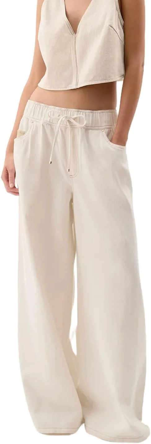 

Женские широкие джинсы с эластичным поясом и шнурком Qmlyev