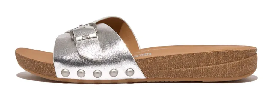 Мюли Fitflop "IQUSHION ADJUSTABLE BUCKLE METALLIC-LETHER SLIDES", каблук-танкетка, летняя обувь, тапочки с регулируемой повязкой, серебристый — фото 3