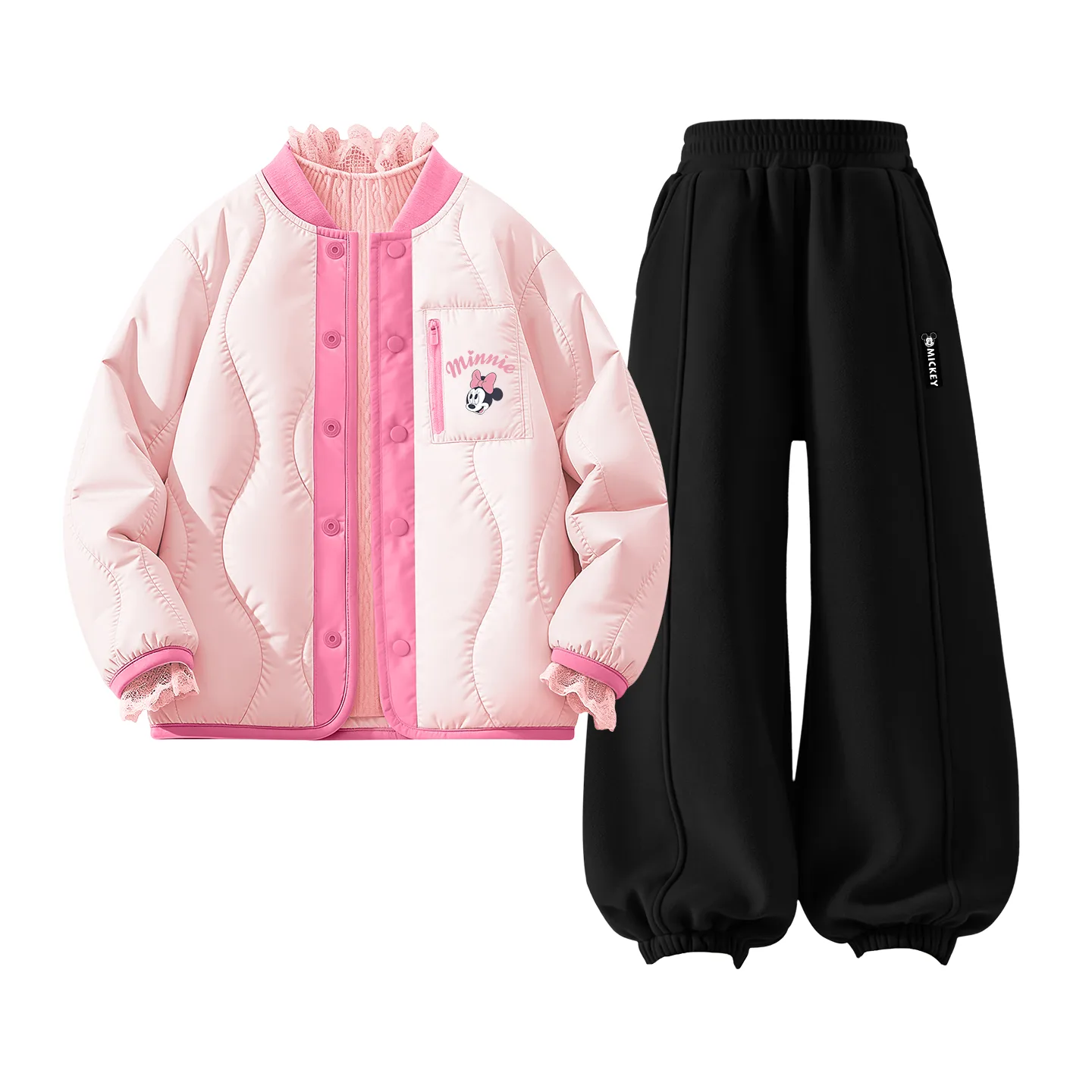 Детская повседневная спортивная футболка с круглым вырезом Disney, [Thickened and Fleece-Lined Three-Piece Set]Silicone, Di Lift Eye K Firework Pink+Di Long Hook-and-Loop K Black+Solid Color Rose Red — фото 3