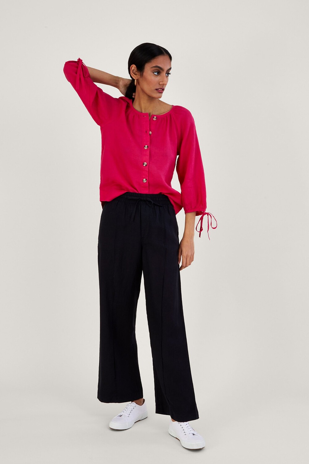 

Розовая льняная блузка с завязками и пуговицами Monsoon, розовый