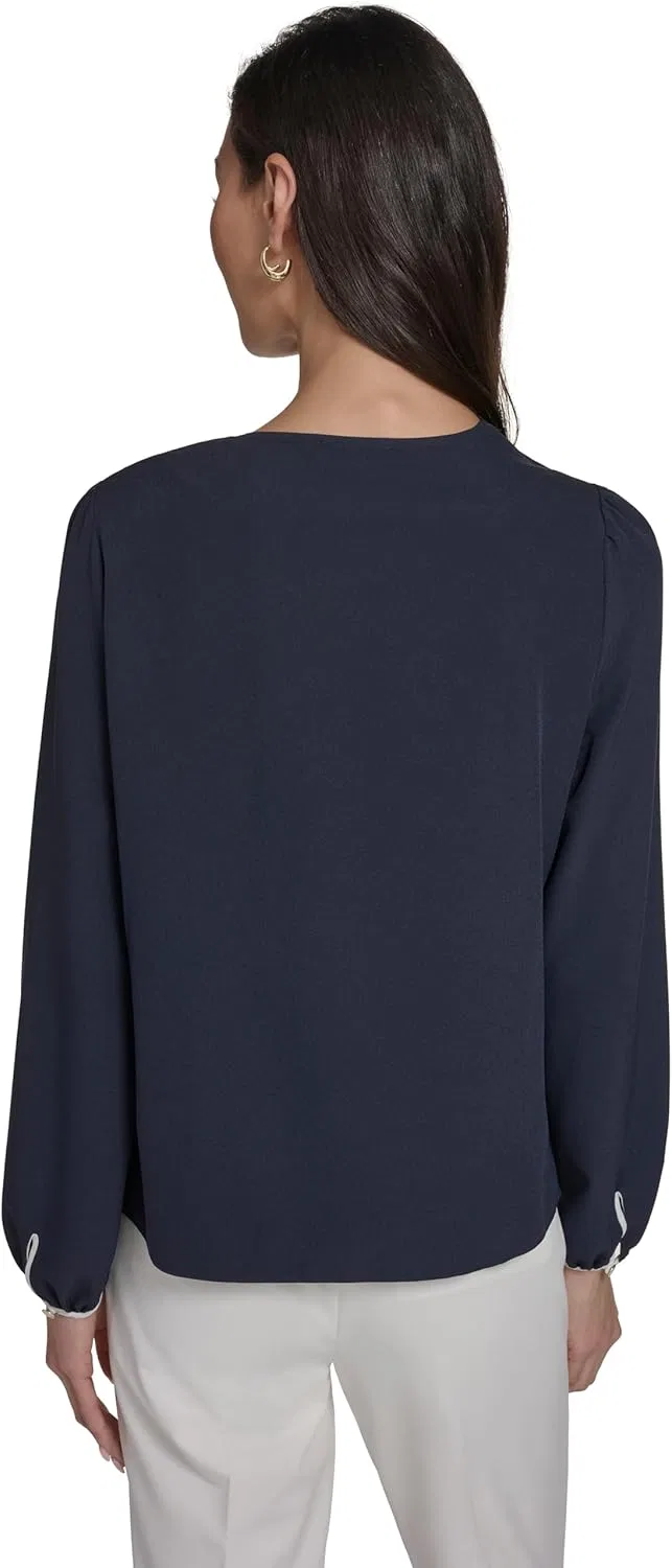 Блуза, длинный рукав, круглая горловина, однотонная, Tommy Hilfiger, темно-синий/слоновая кость — фото 4