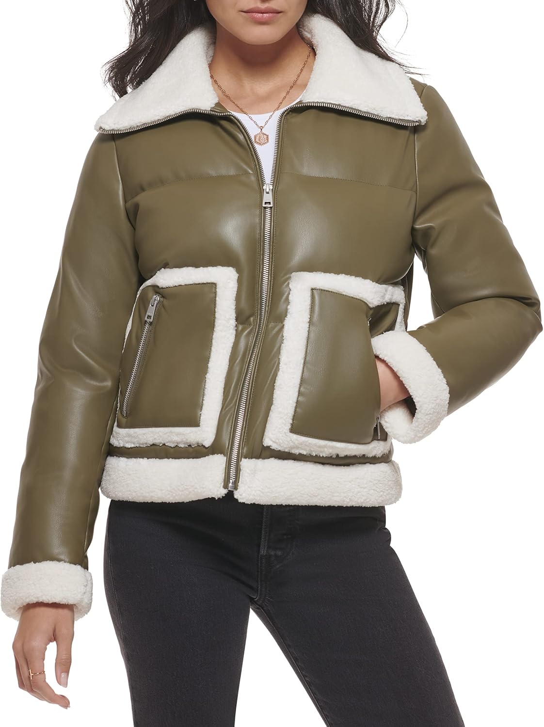 

Levi's Женская пуховик Breanna с искусственным мехом, Olive Faux Leather Sherpa Pocket