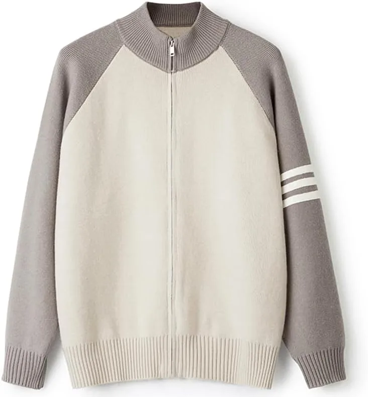 

Мужской кардиган с полной молнией и воротником стойкой, полоска и цветные блоки, slim fit