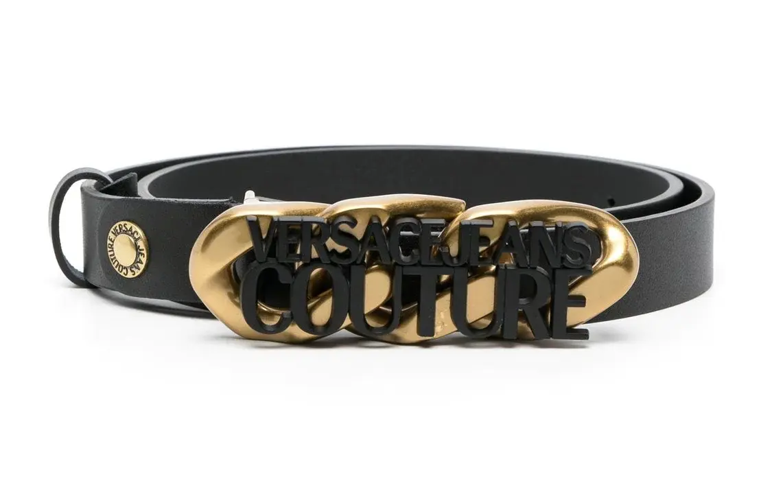 

VERSACE JEANS COUTURE Кожаный ремень для женщин с гладкой пряжкой и логотипом, черный, ширина 2,5 см