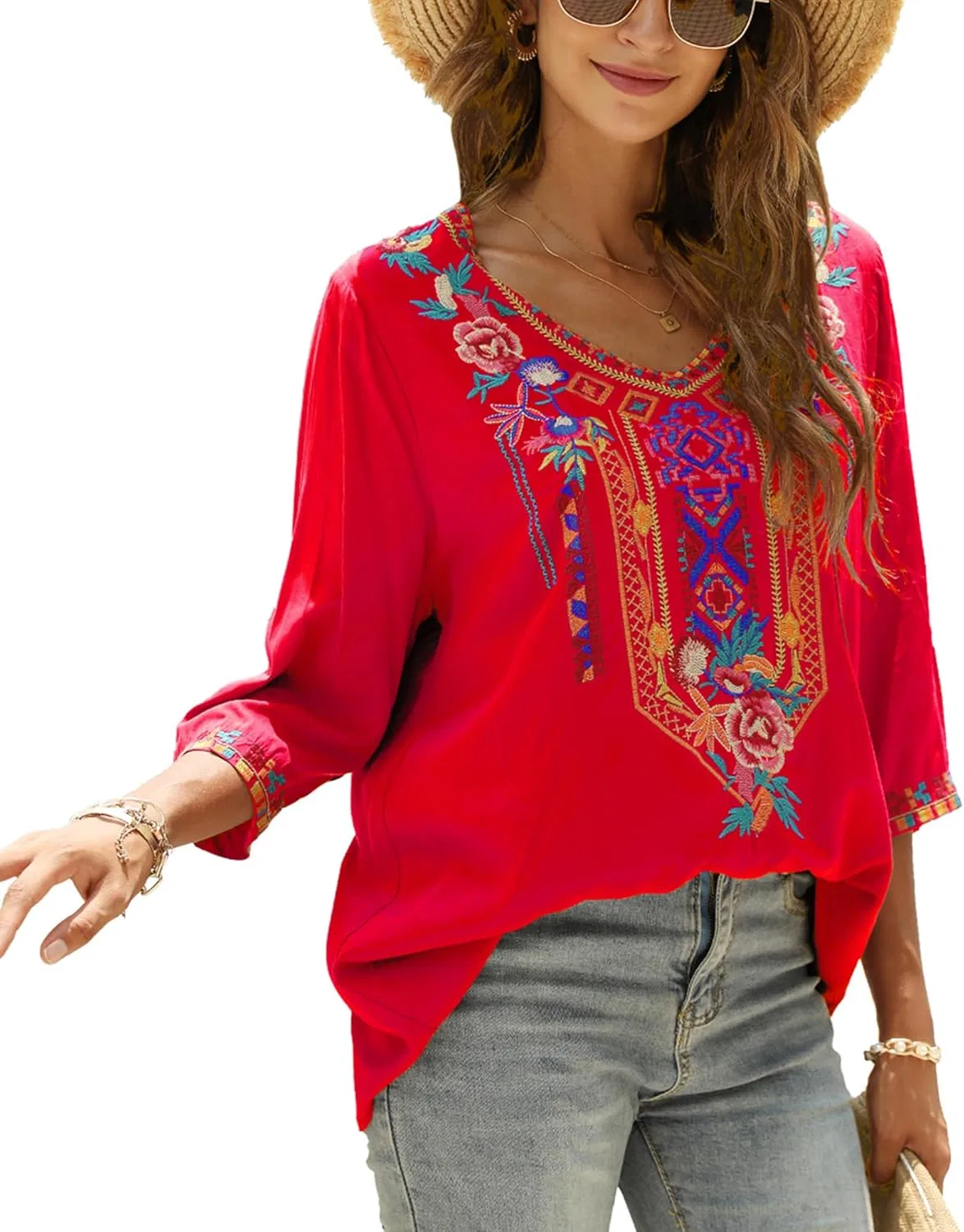 Блуза с цветочной вышивкой, Peasant Top, красный — фото 4