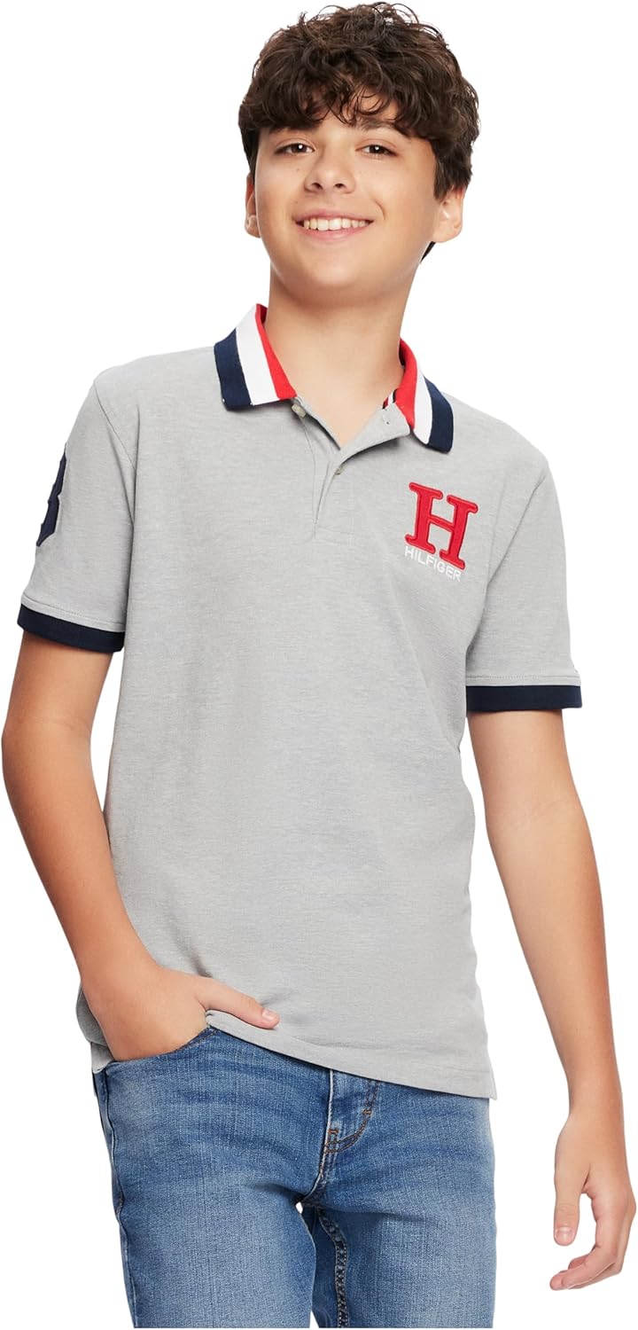 Рубашка-поло Tommy Hilfiger для мальчиков с коротким рукавом из высококачественного пике, застежка на пуговицы, мягкая и удобная, Matt Tri-Collar Grey Heather — фото 4