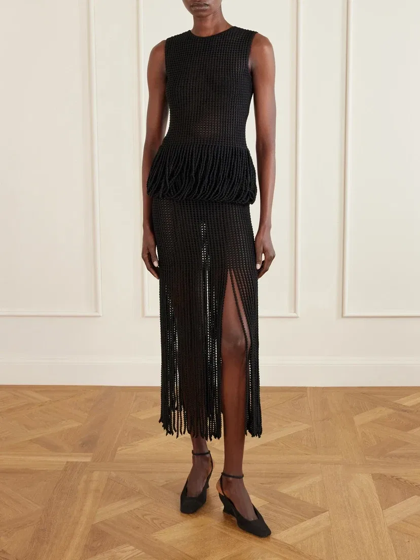 Вязаная юбка миди с бахромой Alaïa, черный — фото 2