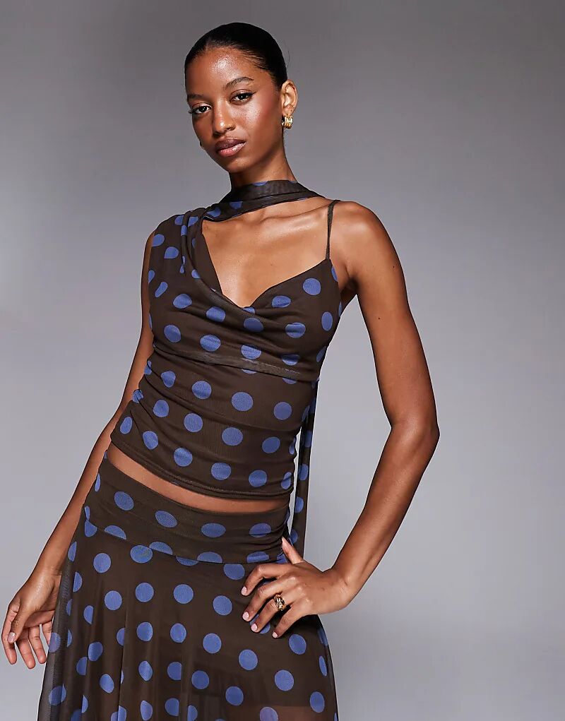 

Эксклюзивный двухслойный сетчатый топ Kaiia на одно плечо с воротником-хомут в коричнево-синем горошке