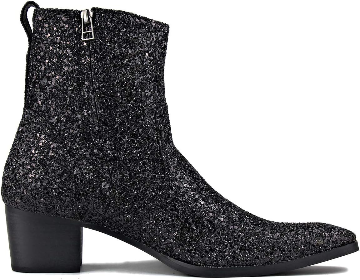 Мужские кожаные ботинки OSSTONE Dress Boot с блестками, дизайнерские чукка, повседневные туфли на каблуке с молнией, черный — фото 4