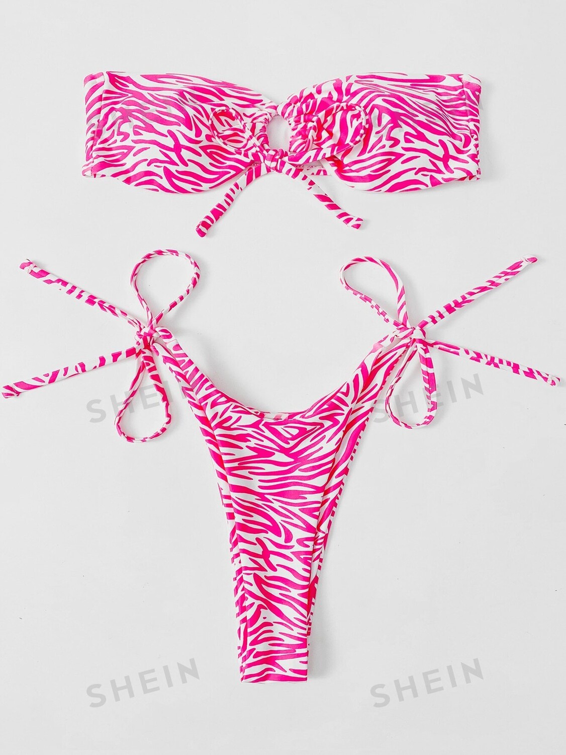 

Купальник, бюстгальтер с узором «зебра», бикини с вырезом, без бретелек и брюки-стринги Shein, розовый