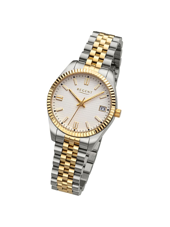 

Аналоговые наручные часы Regent, металлический браслет, серебро/золото, средний размер (примерно 34 мм)
