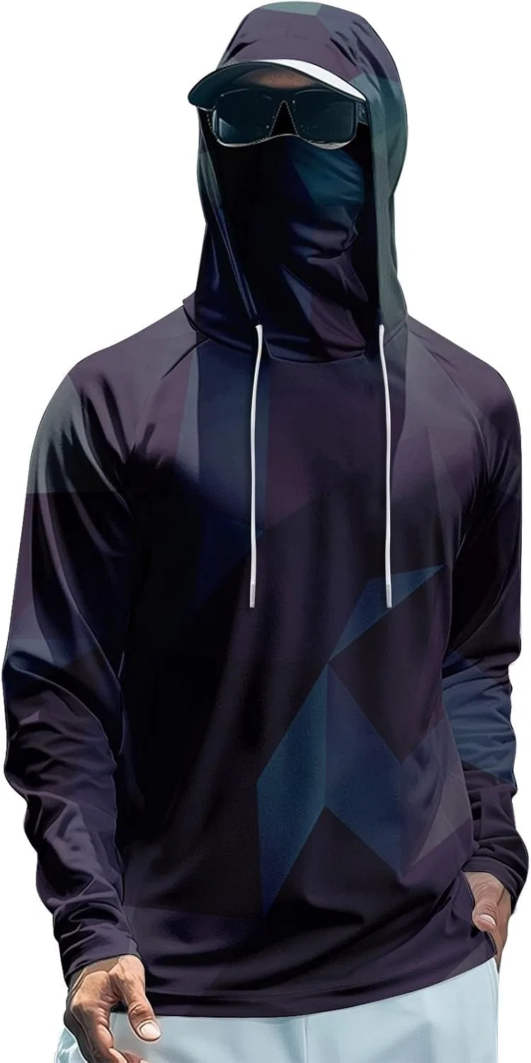 Футболка с капюшоном и маской UPF 50+, быстросохнущая, Geometric-black