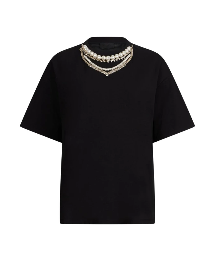 

Черная футболка с жемчужным воротником и стразами. Liu Jo, черный