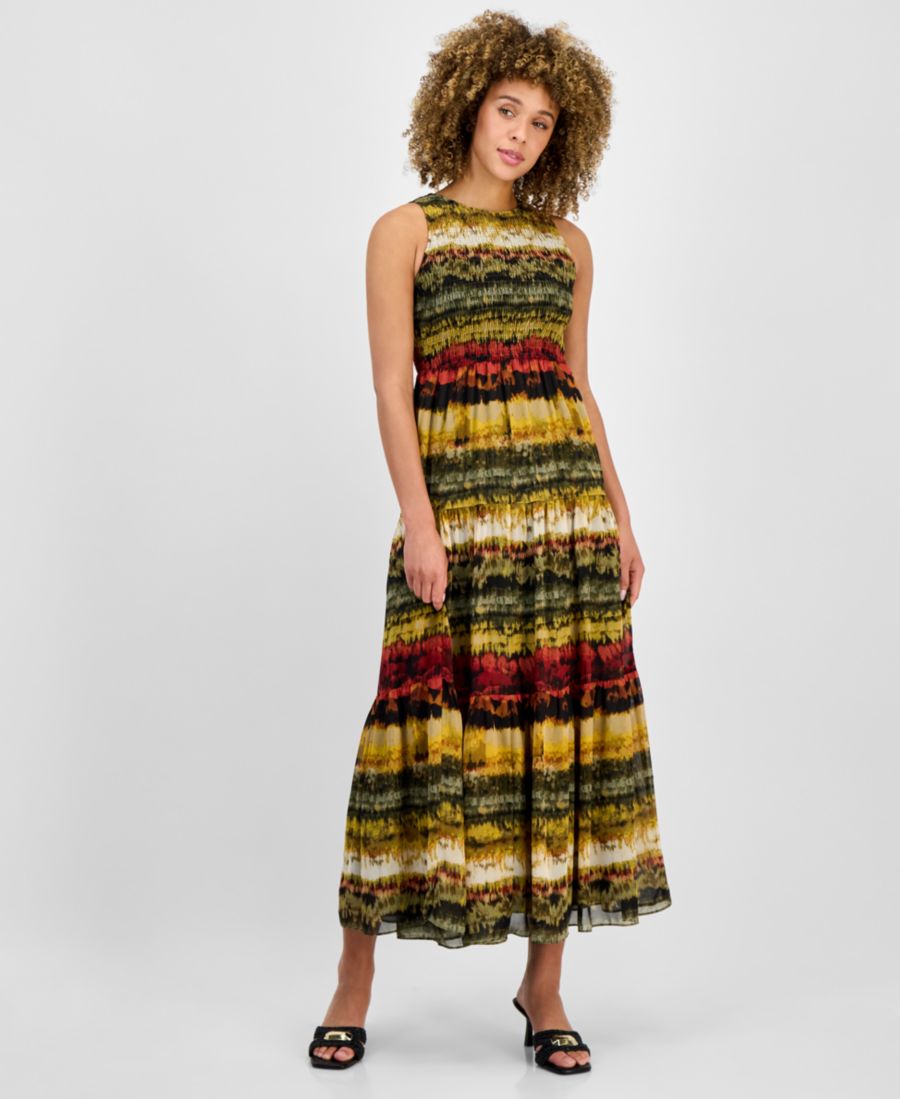 

Женское длинное платье без рукавов с принтом и сборками Anne Klein, Olive Palm Multi