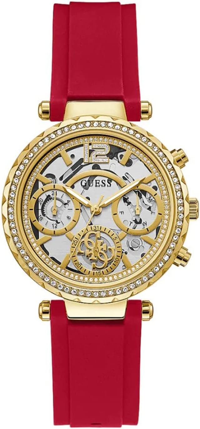 

GUESS женские часы 36 мм - красный ремешок, корпус золотого тона, прозрачный циферблат