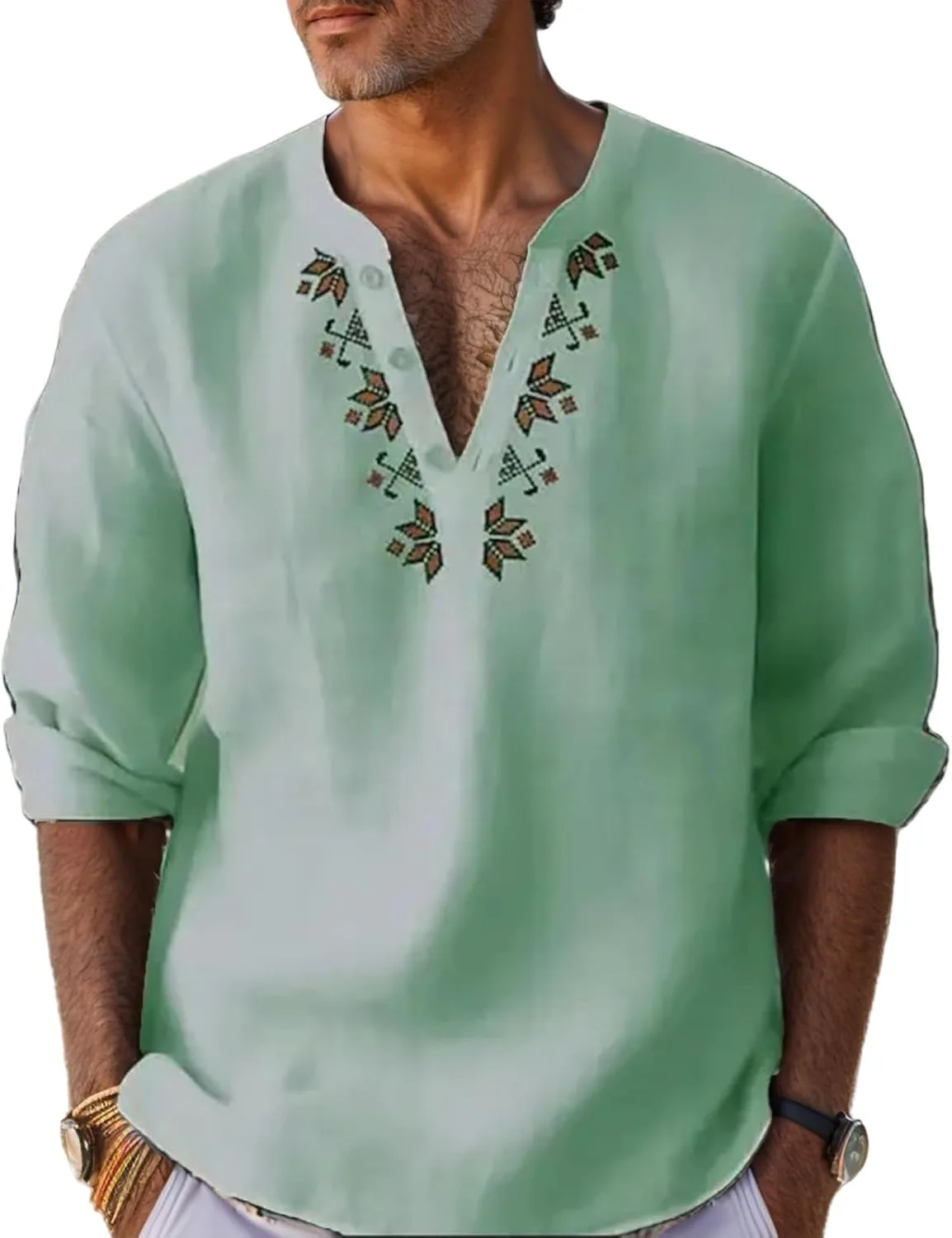 

Мужская рубашка хенли из хлопка и льна с длинными рукавами и африканским принтом YSERB