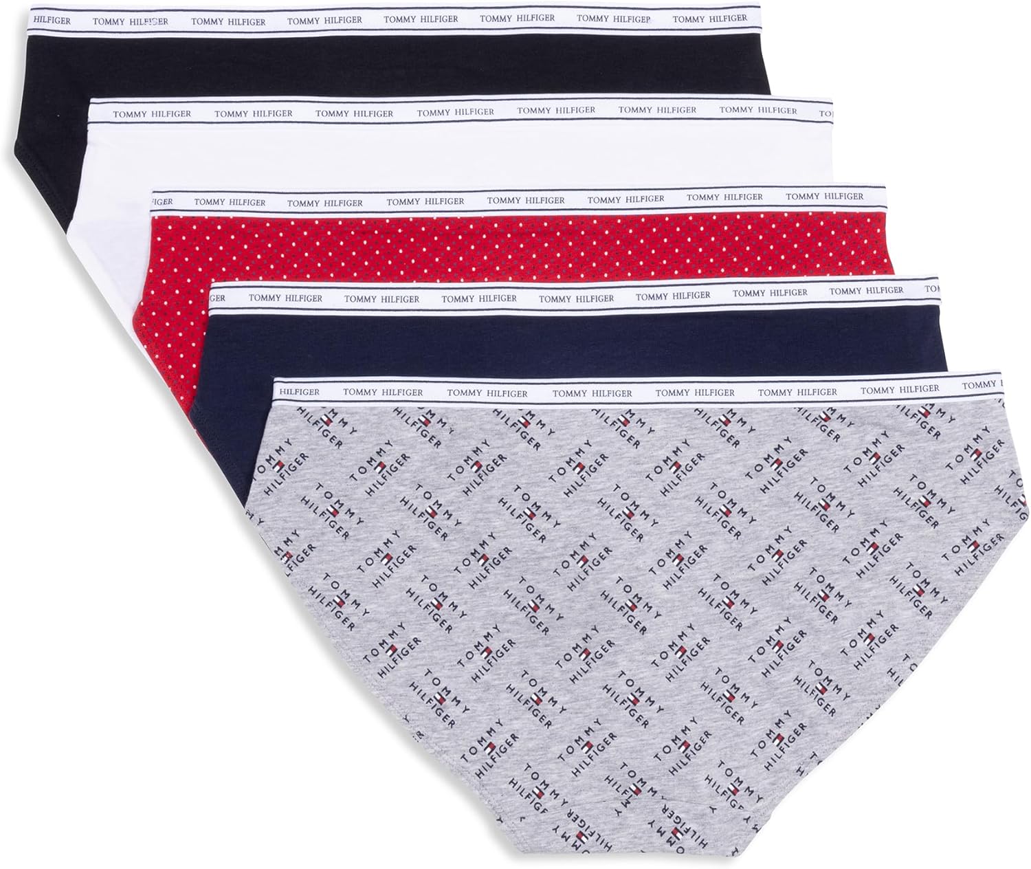 Женское классическое хлопковое бикини-белье Tommy Hilfiger с логотипом на поясе, упаковка 5 пар, Th Flag Stack Heather Grey/Navy Blazer/Super Mini Dots Apple Red/Bright White/Black — фото 3