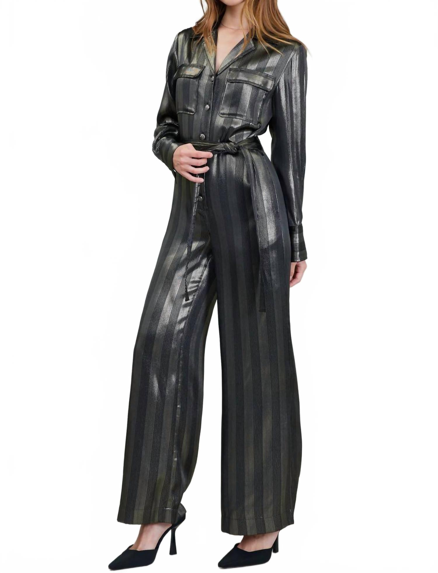 

Стильный комбинезон с широкими штанинами в черно-золотом цвете Current air