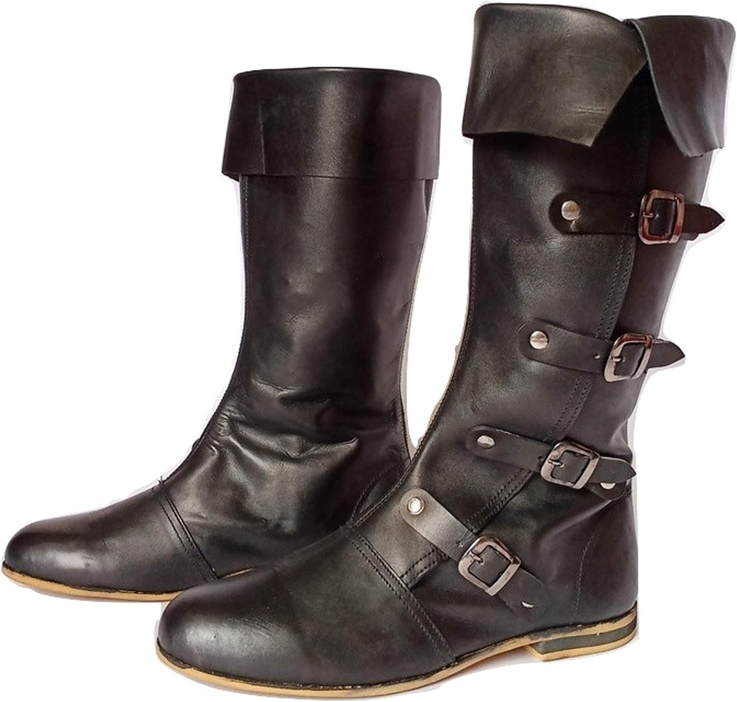 Средневековые кожаные ботинки AnNafi с 4 пряжками, Ренессансные лоферы, высокие ботинки, костюм пирата, обувь викинга для мужчин, SCA, LARP, верховая езда, черный — фото 3