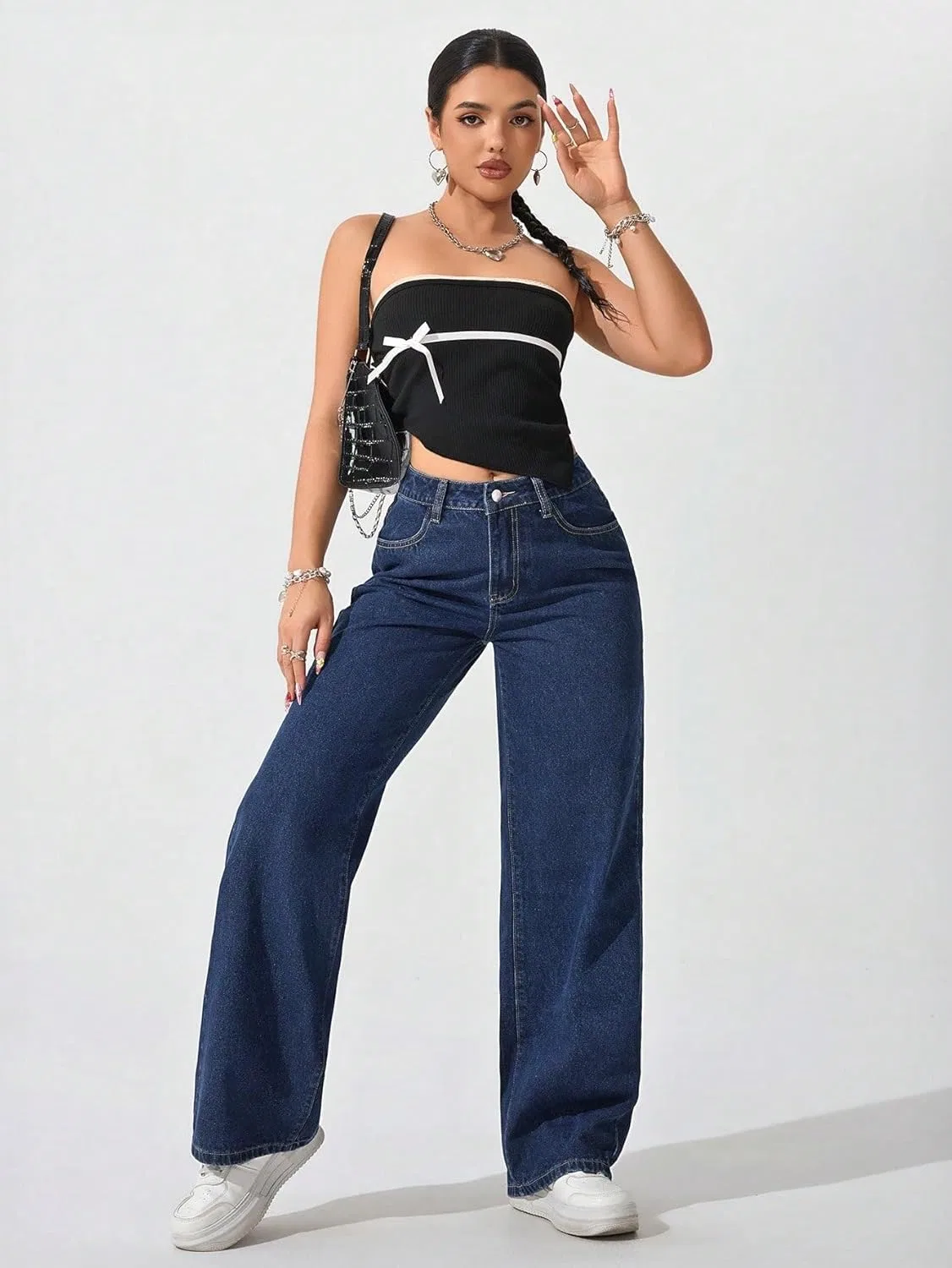 Джинсы свободные Wide Leg, темная стирка — фото 3