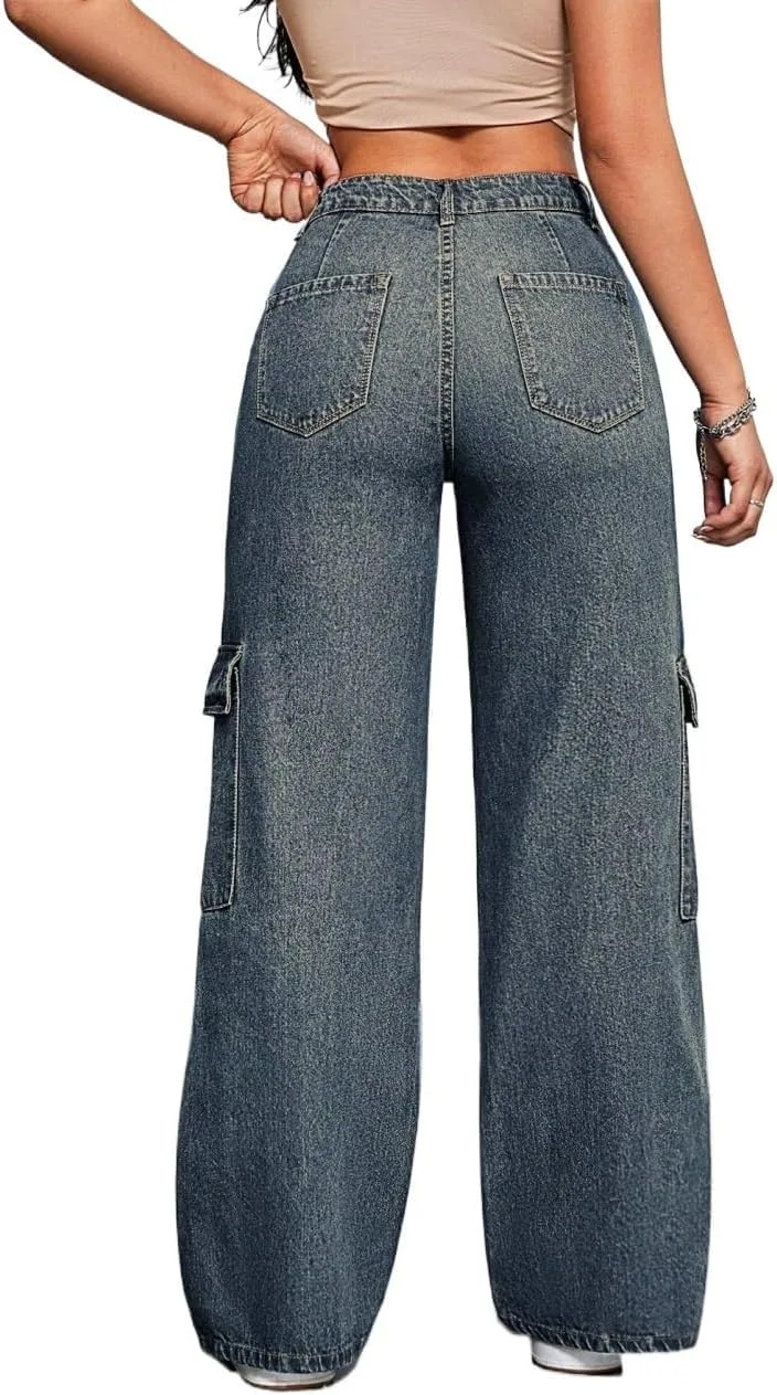 Женские классические джинсы Casual Long Denim с молнией и карго-карманами Generic, синий