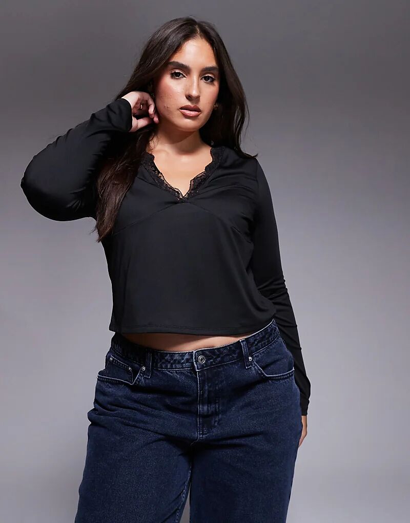 

Облегающий лонгслив с длинными рукавами и глубоким V-образным вырезом ASOS DESIGN Curve с кружевом черного цвета