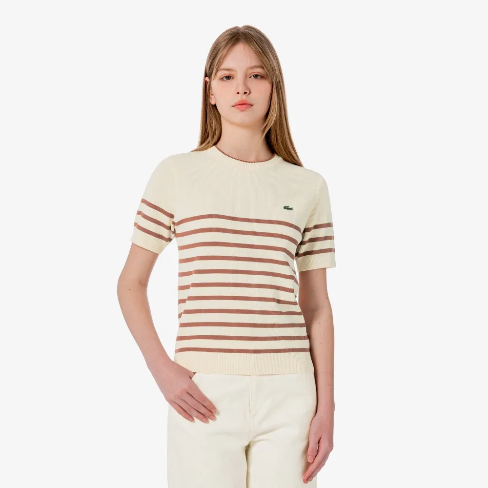 Женский свитер Lacoste с коротким рукавом, полосатый, айвори