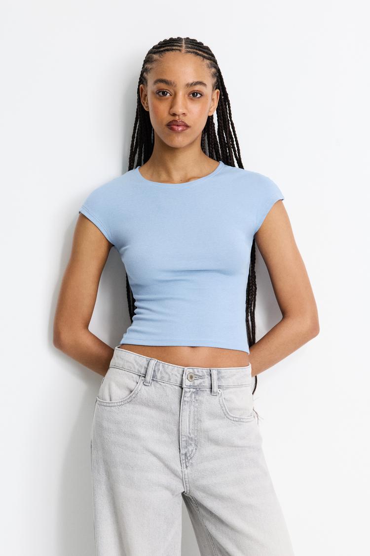 

Приталенная футболка с длинными рукавами Pull And Bear, голубой
