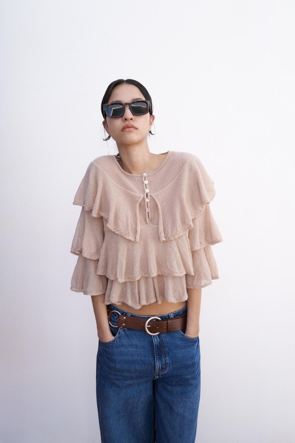 

Вязаный топ с оборками ZARA, розовый