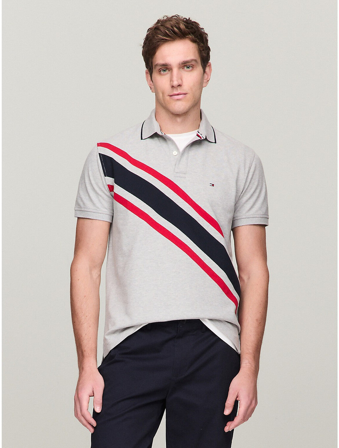 

Мужская футболка-поло обычного кроя в полоску Tommy Hilfiger, цвет Grey Heather