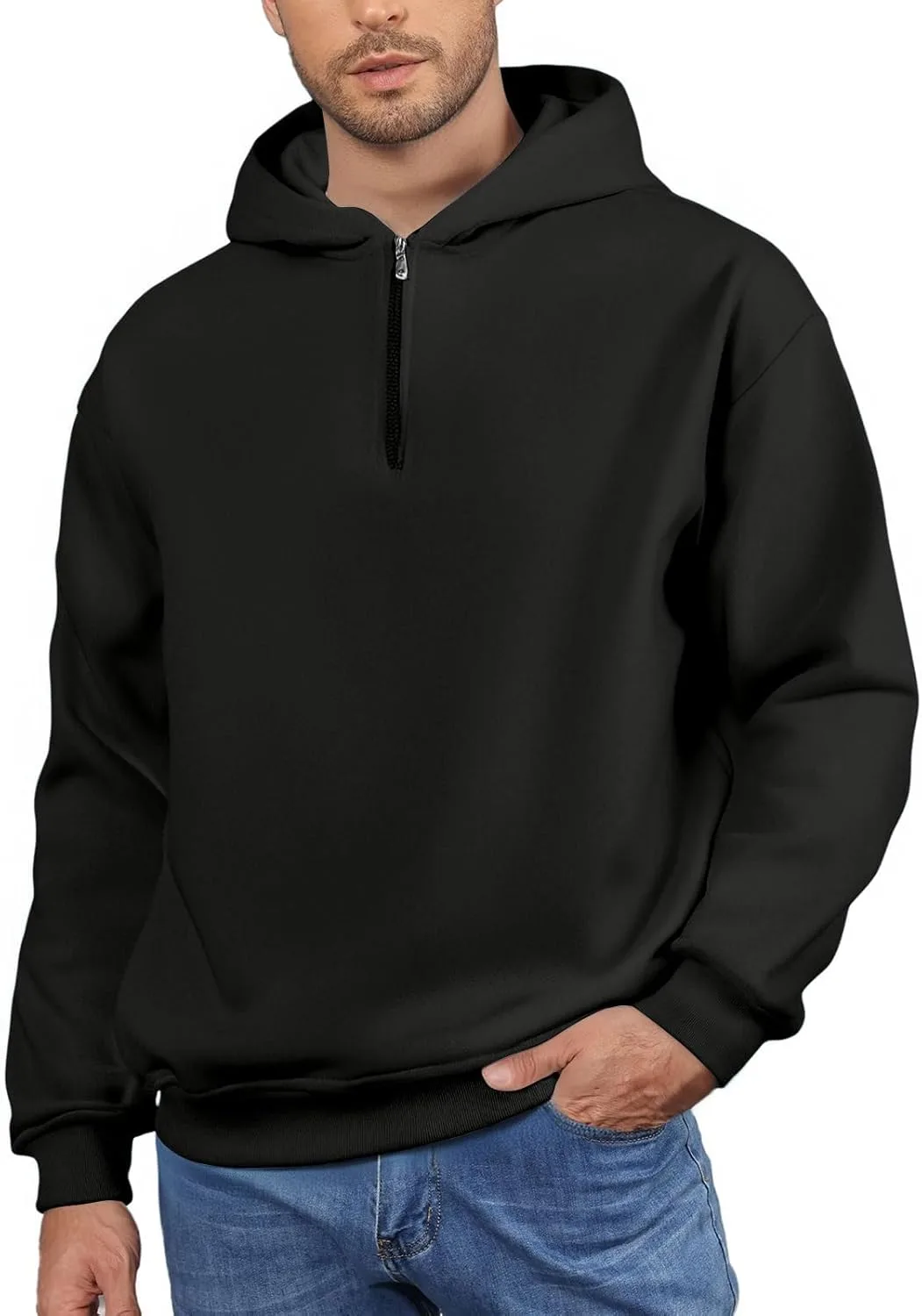 

Мужская толстовка с капюшоном на четверть молнии, длинный рукав, оверсайз