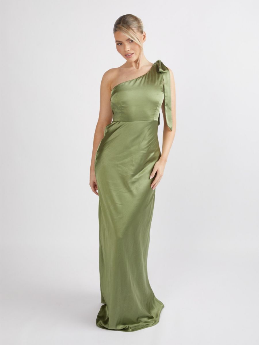 

Женское атласное платье подружки невесты с бантом на одно плечо Six Stories, Moss green