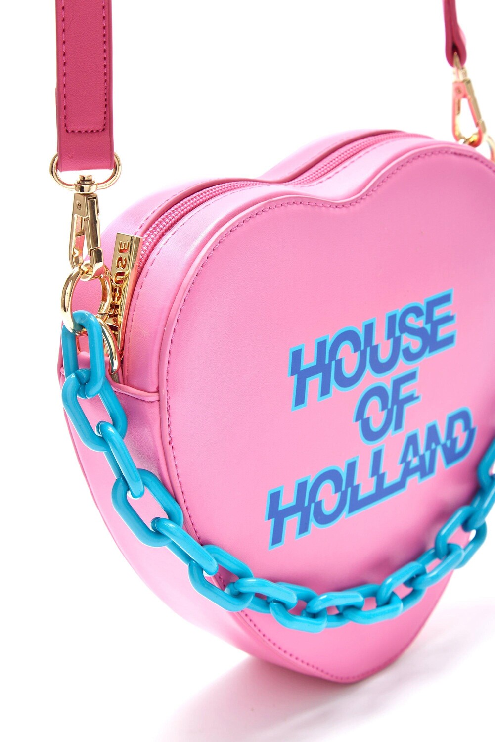Розовая сумка через плечо в форме сердца с цепочкой и принтом логотипа House of Holland, розовый — фото 4