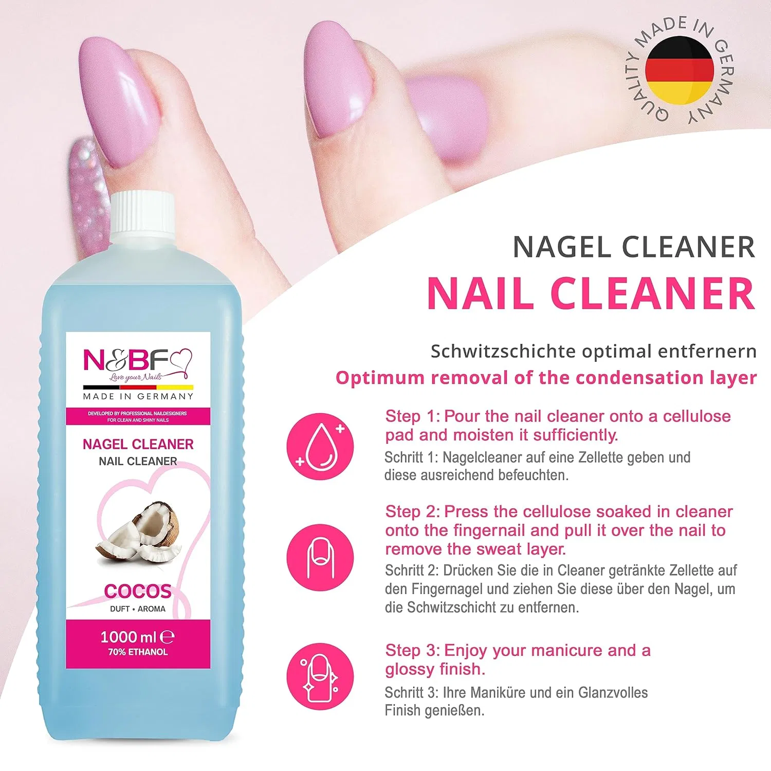 Очиститель для ногтей Nails Factory Coconut 1000 мл с помпой и 1000 целлюлозных салфеток N&Bf — фото 4