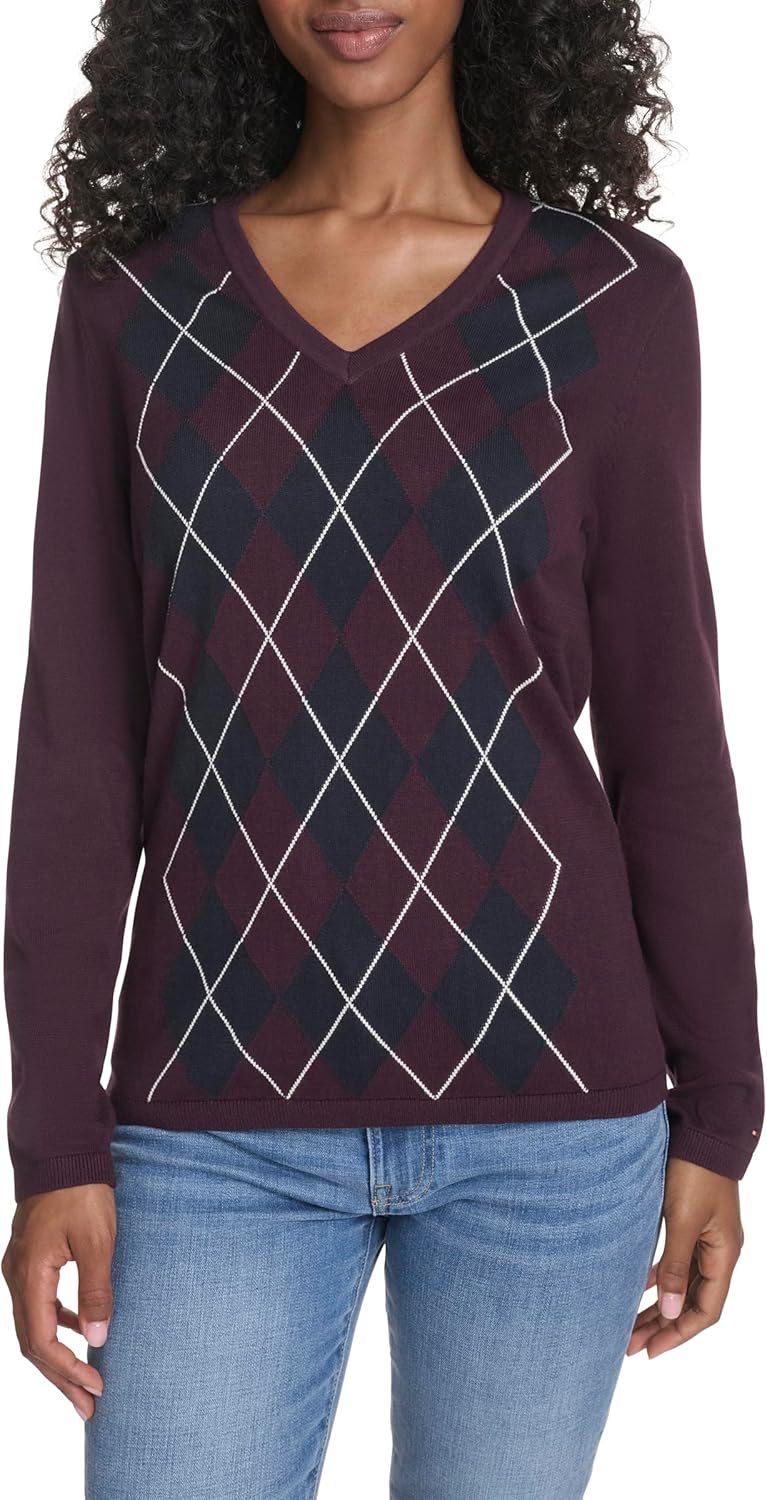 

Женский хлопковый свитер Tommy Hilfiger с длинными рукавами и V-образным вырезом с узором в виде ромбов, Aubergine/ Sky Captain Multi