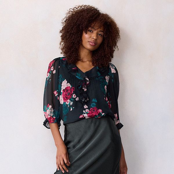 

Женская блузка с 3/4 рукавом, рюшами и защипами спереди Lc Lauren Conrad, Lt Black Camilla