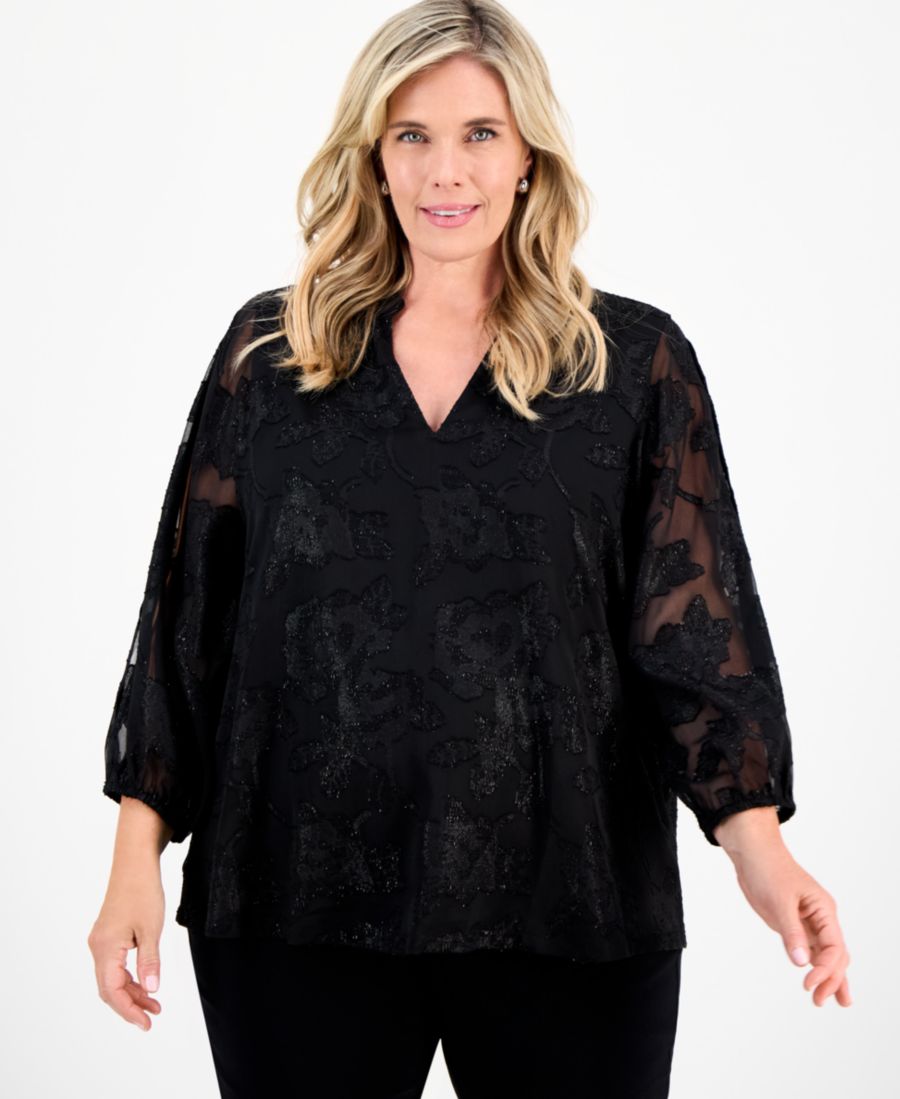 

Блузка большого размера из блестящего жаккарда с рукавами-блузонами JM Collection, Deep Black