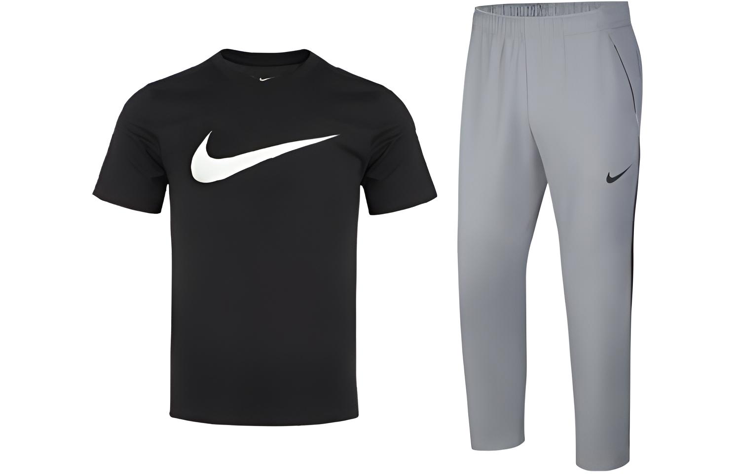 

Nike Повседневный спортивный мужской комплект: черная рубашка с короткими рукавами и светло-серые брюки
