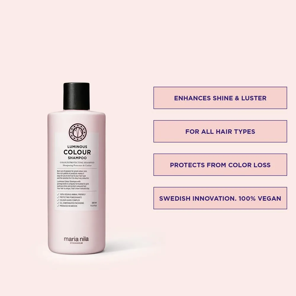 Шампунь и кондиционер Maria Nila Luminous Colour уменьшают потерю цвета при мытье, экстракт граната борется с обезвоживанием, 100% веганский продукт, не содержит сульфатов и парабенов. — фото 2