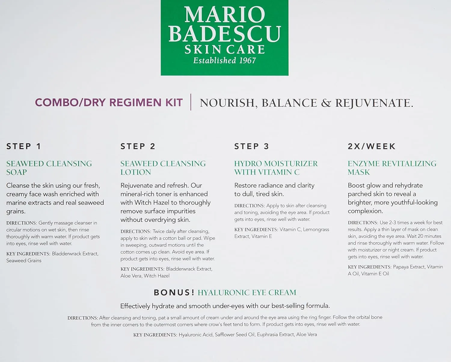 Набор для ухода Mario Badescu Combo/Dry Regimen 5 предметов: мыло для очищения Seaweed, очищающий лосьон Seaweed, увлажняющий крем Hydro, маска Enzyme Revitalizing и крем для глаз Hyaluronic Набор из 5 штук — фото 3