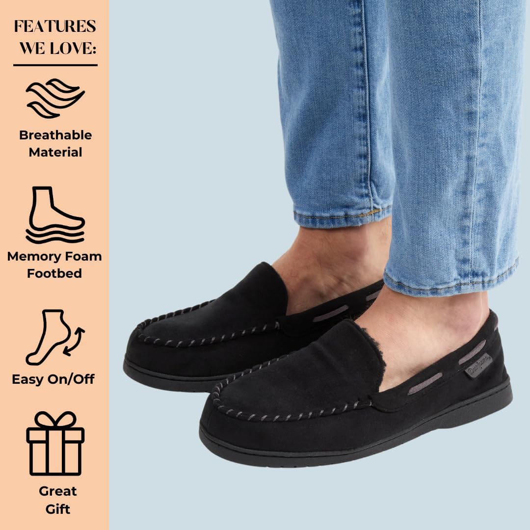 Мужские тапочки Dearfoams Keaton с амортизирующей стелькой из пены с эффектом памяти для дома и улицы, широкий размер, черный — фото 4