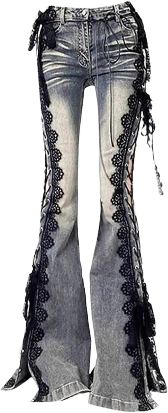 

Женские джинсовые брюки с завязками и расклешенным низом MEOKIM